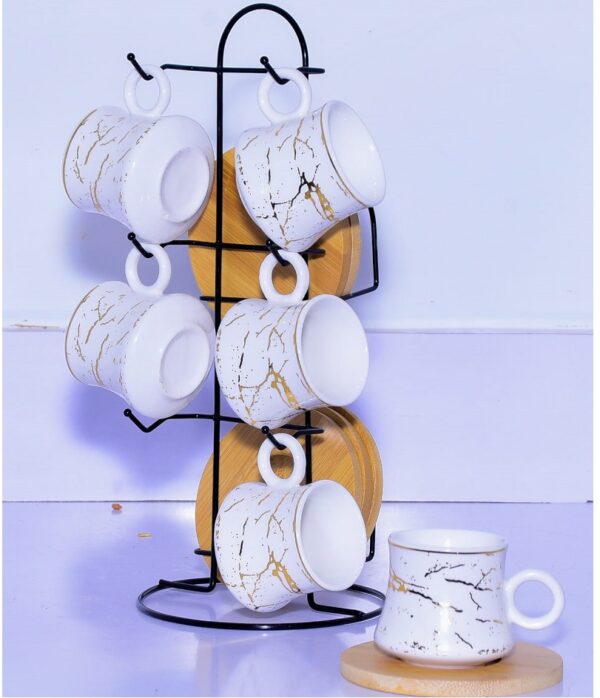 Ceramic cup and saucer with rack bamboo